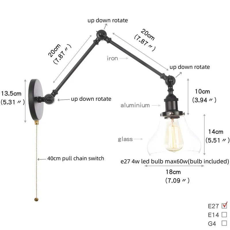 DecorBites™ Clear Glass Swing Arm Wall Light Fixture for Dining Living Room Cafe