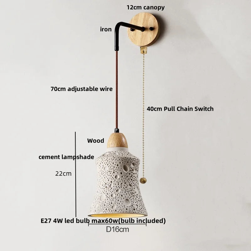 DecorBites™ Japanese Style LED Wall Light Cement Bedside Lamp with Pull Chain Switch