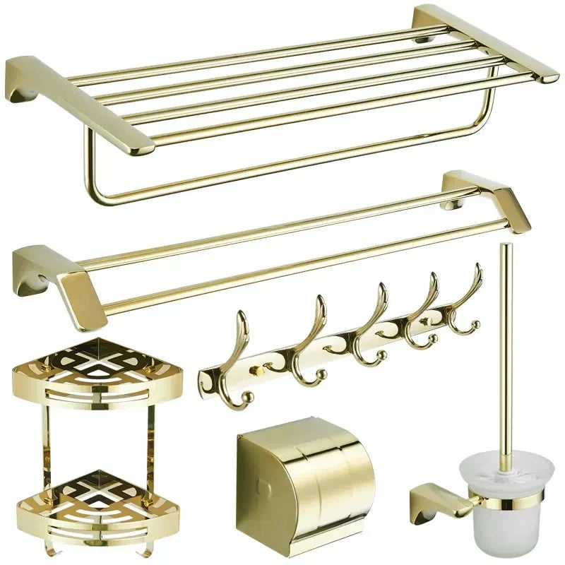 DecorBites™ Gold Bathroom Hardware Set: Towel Rack, Shelf, Paper Holder, Towel Holder, Toilet Brush Holder