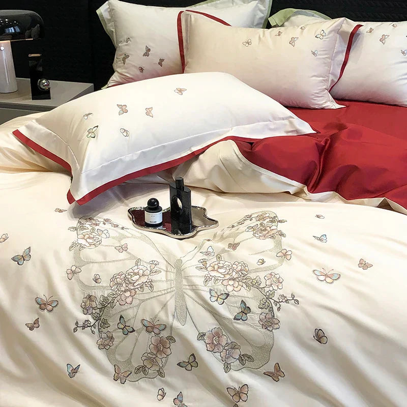 DecorBites™ Butterfly Flowers Embroidery Wedding Bedding Set 1000TC Egyptian Cotton Duvet Cover