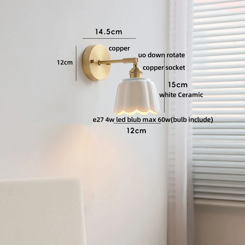 DecorBites™ Copper Wall Light Fixture Bedroom Bedside Sconce White Ceramic Lamp