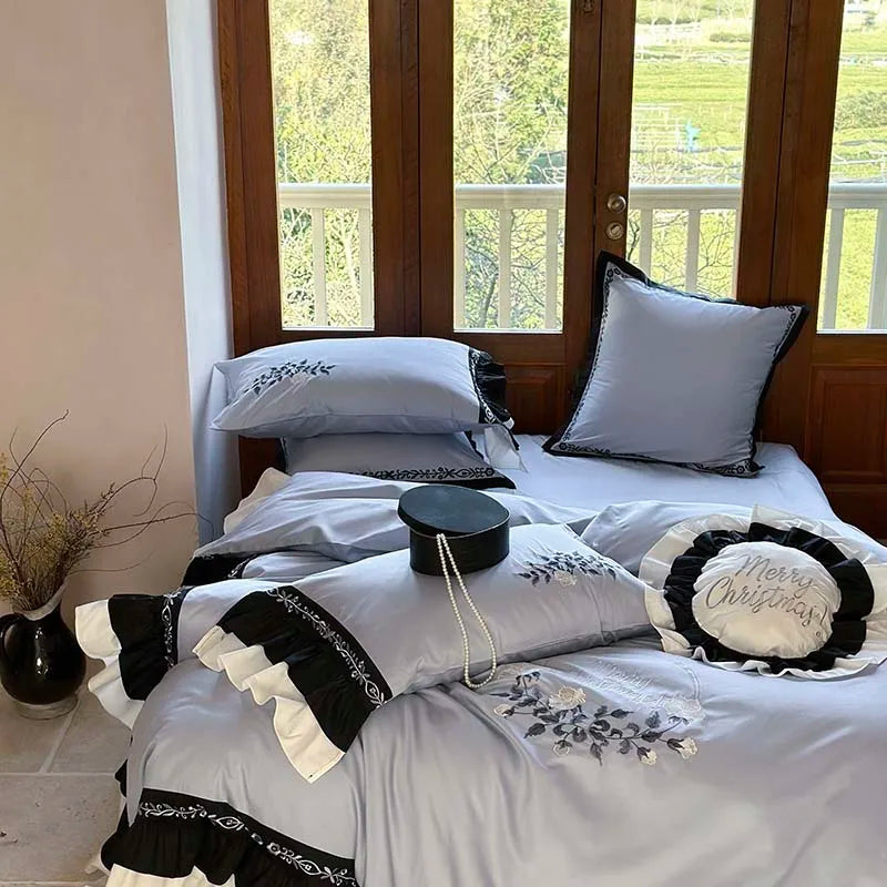DecorBites™ Flowers Embroidery Ruffles Cotton Bedding Set with Duvet Cover, Sheet, Pillowcases