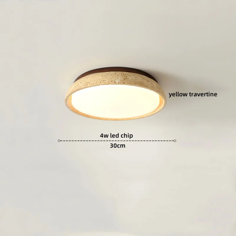 DecorBites™ Japan Style LED Ceiling Light Yellow Travertine Stone Wood Base Bedroom Luminaire