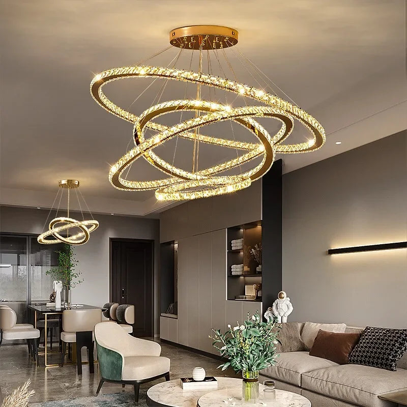 DecorBites™ Crystal Rings LED Chandelier, Chrome Lustre Ceiling Pendant for Living Room