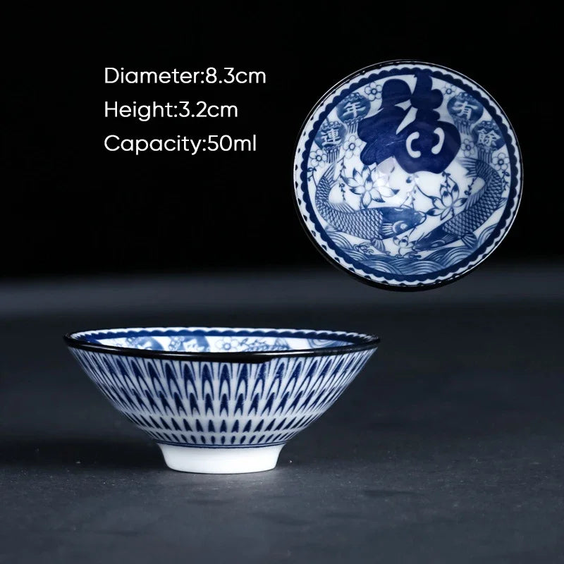 DecorBites™ Blue & White Ceramic Kung Fu Tea Cup, Japanese Style Porcelain Sake Espresso Mug