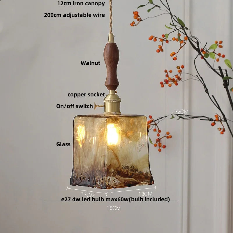 DecorBites™ Brass Knob Switch LED Pendant Light, Nordic Amber Glass Hanging Lamp