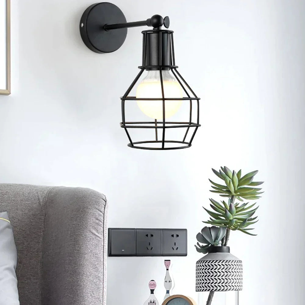 DecorBites™ Black Iron Cage Wall Lamp: Retro Indoor Sconce for Bedroom, Bar, and Reading