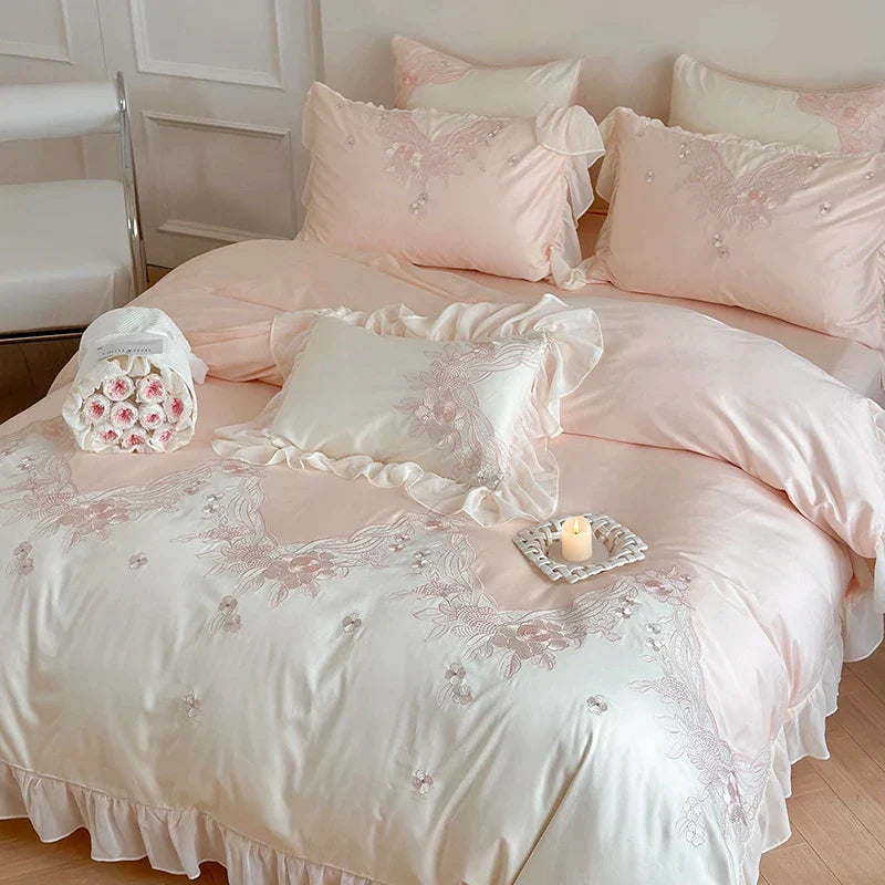 DecorBites™ French Romantic Lace Ruffles Flowers Embroidery Bedding Set in Pink & Blue Cotton