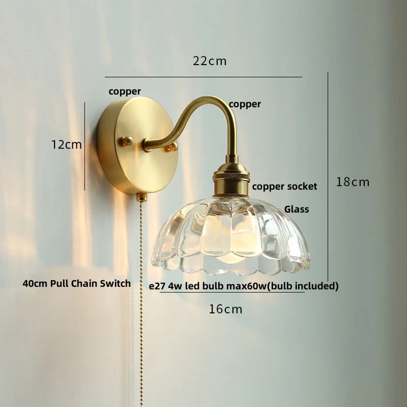 DecorBites™ Crystal LED Wall Sconce Brass Mirror Light Modern Nordic Pull Chain Switch
