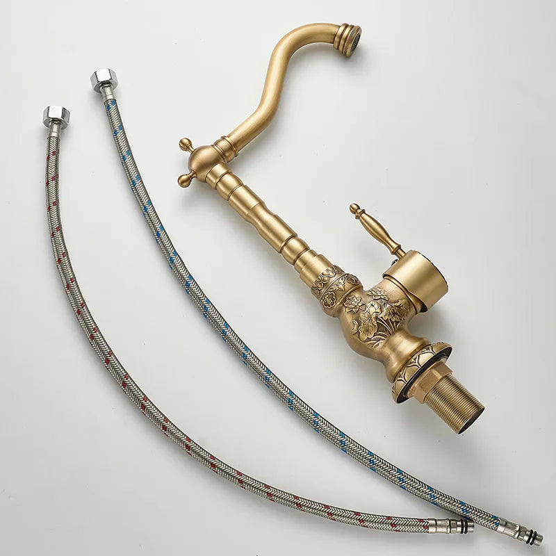 DecorBites™ Antique Carved Brass Bathroom Sink Faucet Hot & Cold Mixer Deck Mounted Tap