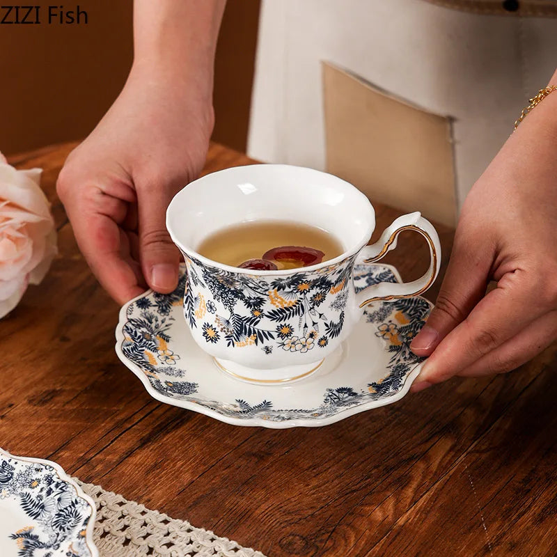 DecorBites™ Blue & White Porcelain Classic Coffee Mug Set Gold Rim Tea Cup Saucer