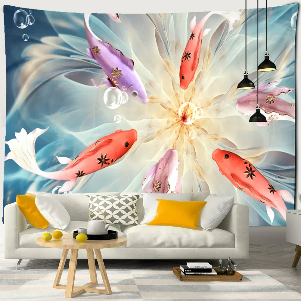 DecorBites™ Ink Lotus Koi Tapestry: Boho Aesthetic Psychedelic Room Art Hippie Decor
