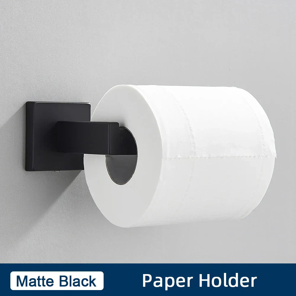 DecorBites™ Black Stainless Steel Bathroom Accessories Set: Towel Bar, Paper Holder, Hook & Bath Rack
