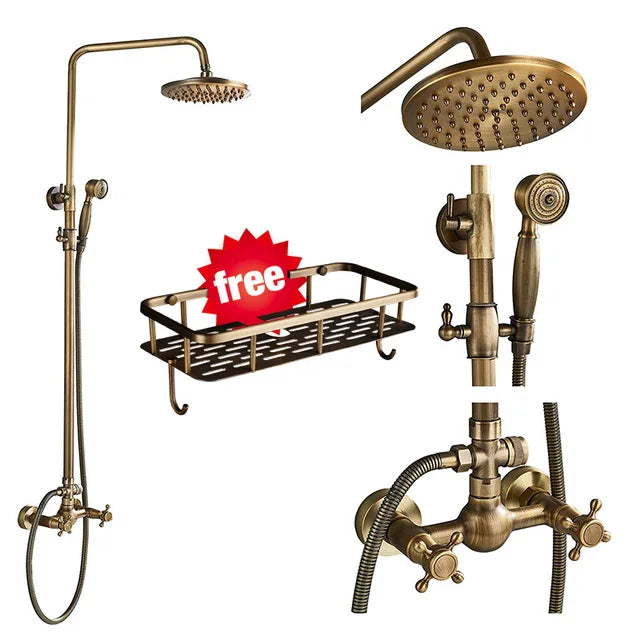 DecorBites™ Antique Brass Shower Faucet Set with 8'' Rainfall Head & Swivel Spray