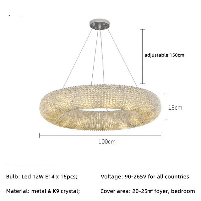DecorBites™ Crystal Loft Chandelier: Modern Luxury Circle Pendant Lamp for Living Room Lighting