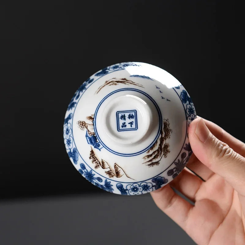 DecorBites™ Blue & White Ceramic Kung Fu Tea Cup - Japanese Style Porcelain Sake Cups