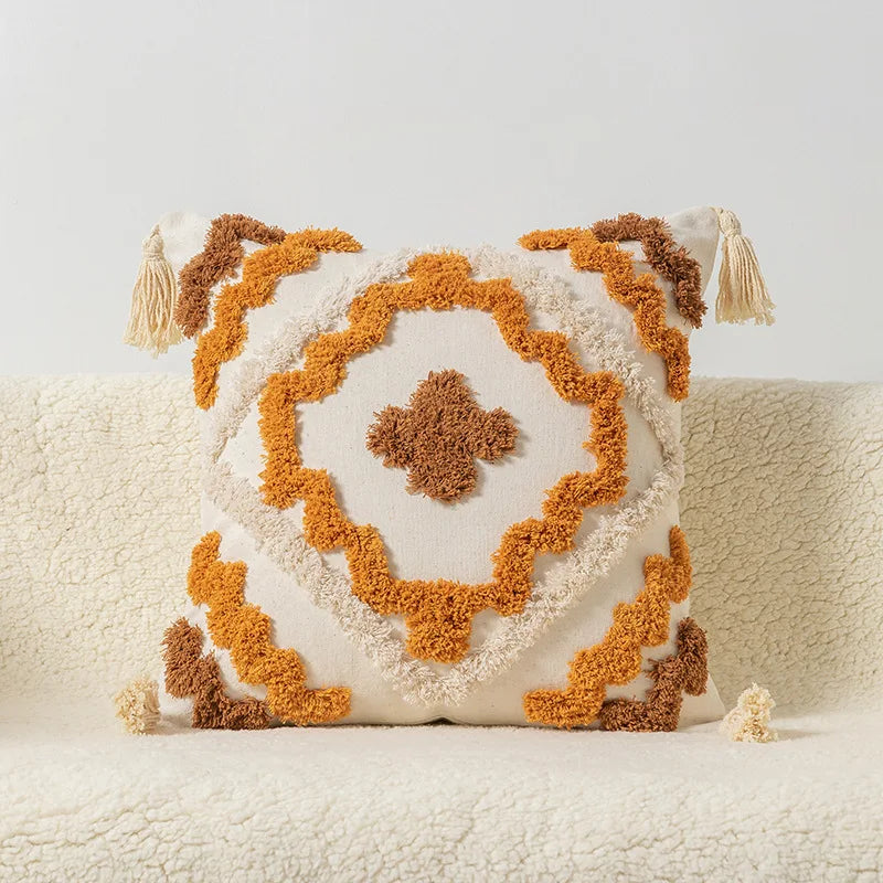 DecorBites™ Boho Square Pillowcase with Embroidery & Tassel Detail for Living Room Sofa