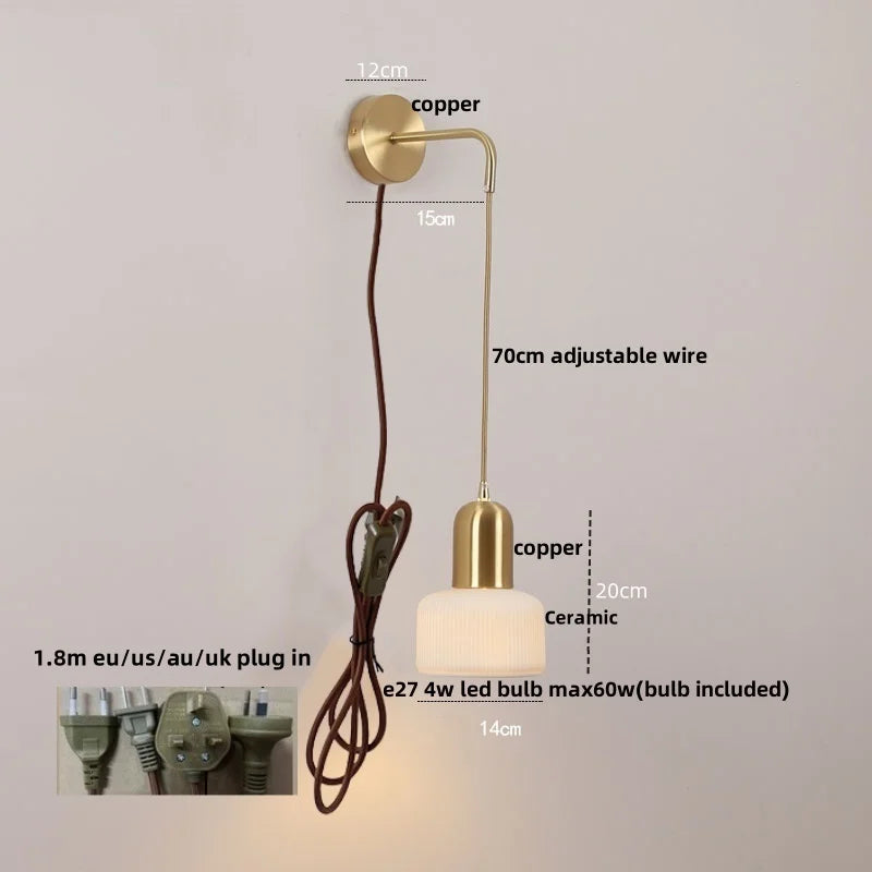 DecorBites™ Ceramic LED Wall Sconce with Walnut Wood Pull Chain Switch - Nordic Style