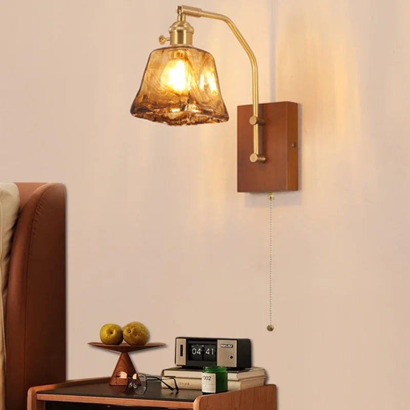 DecorBites™ LED Glass & Wood Wall Lamp with Pull Chain Switch for Living Room Bedroom Mirror