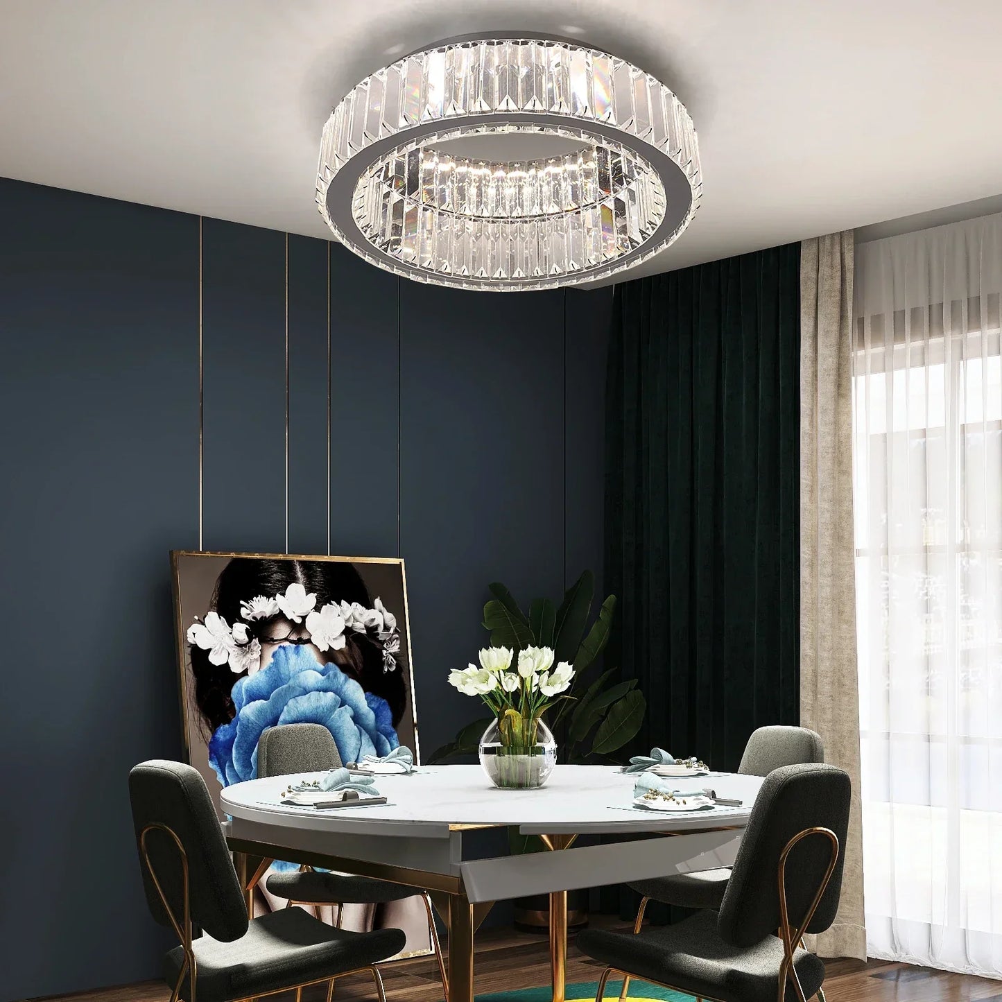 DecorBites™ Big Crystal LED Circle Chandelier Ceiling Lamp, RC Dimmable for Bedroom Living Room