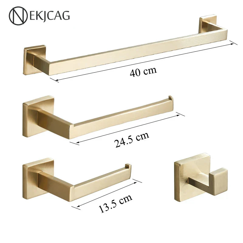 DecorBites™ Black Bathroom Set: Towel Holder, Paper Holder, Gold Rod, Robe Hook - Stainless Steel Accessories