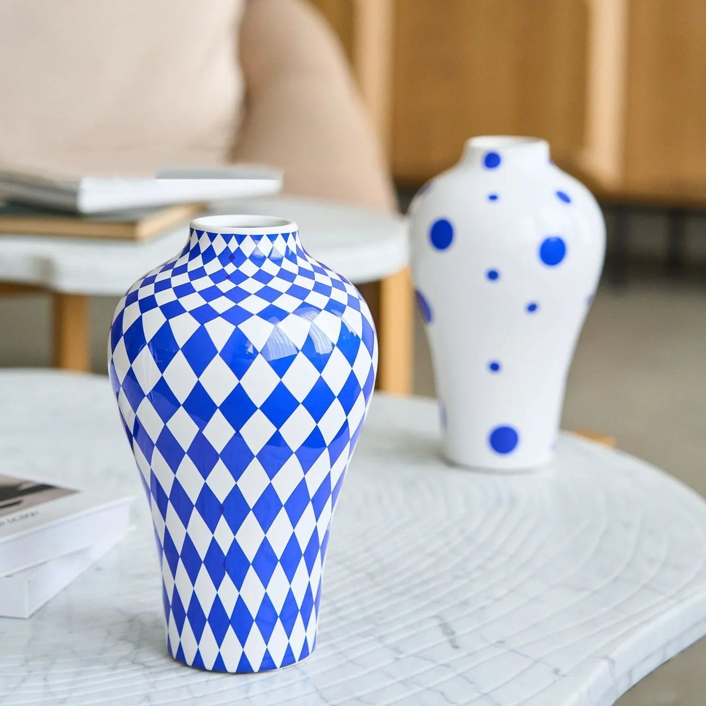 DecorBites™ Blue Geometric Quilted Ceramic Vase - Polka Dots Pattern - Home Decor Craft