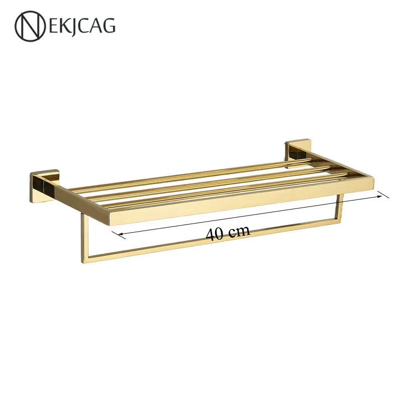 DecorBites™ Black Bathroom Set: Towel Holder, Paper Holder, Gold Rod, Robe Hook - Stainless Steel Accessories
