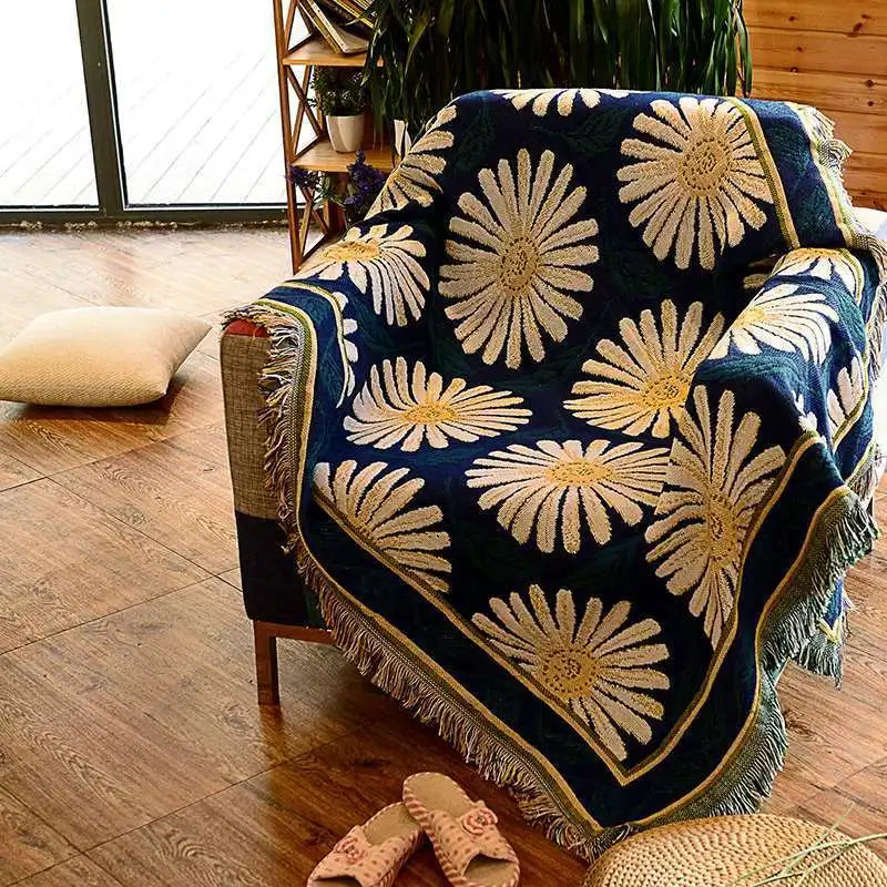 DecorBites™ Knitted Cotton Throw Blanket with Tassel - Geometric Bohemian Design