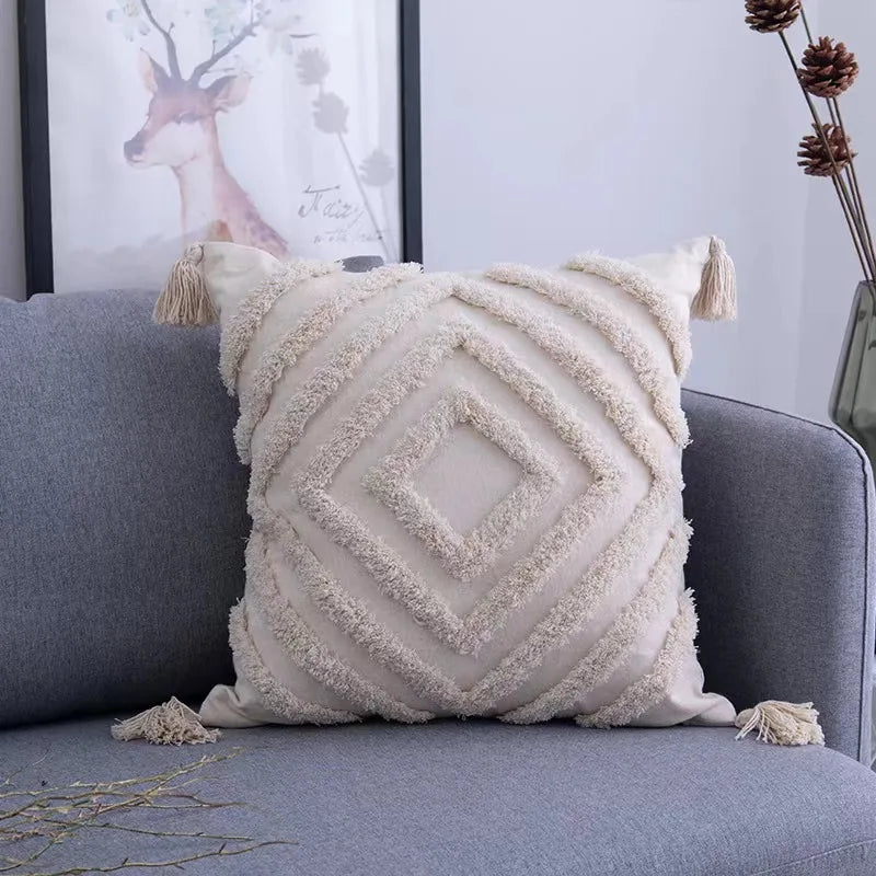 DecorBites™ Geometric Tufted Tassel Cushion Cover Cotton Canvas Fall Pillow Cover