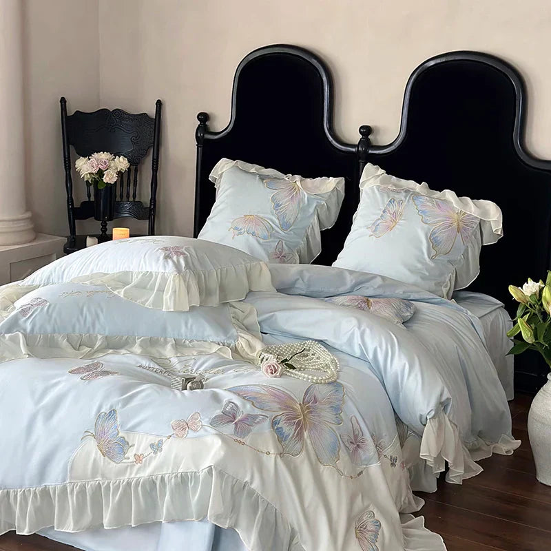 DecorBites™ Butterfly Embroidery Lace Ruffles Bedding Set 100S Egyptian Cotton Duvet Cover