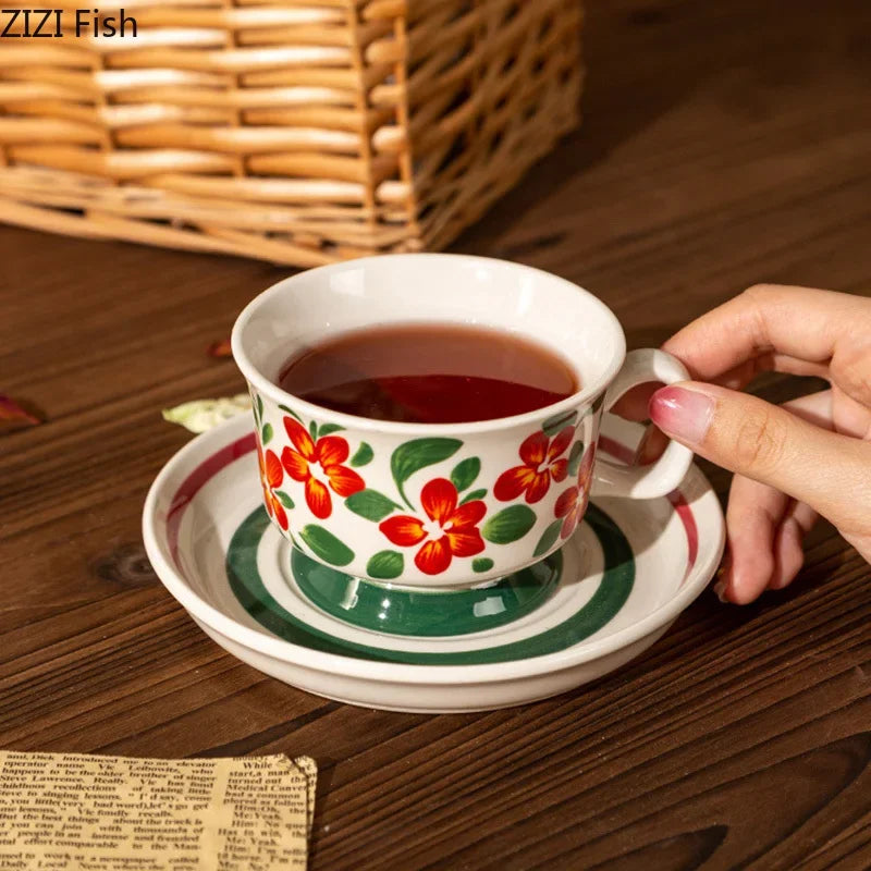 DecorBites™ Ink Flowers Ceramic Cup & Saucer Set - Gold-plated Coffee Mug for Dining Table