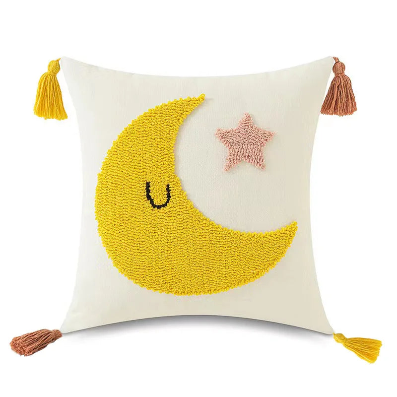 DecorBites™ Boho Yellow Rainbow Star Moon Embroidery Pillow Cover 45x45cm with Tassels