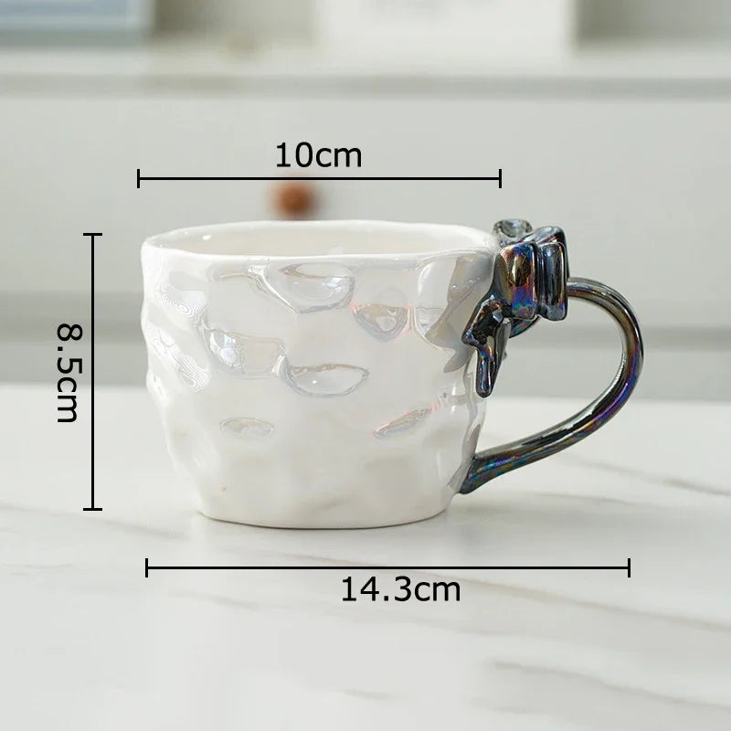 DecorBites™ Bowknot Handle Porcelain Coffee Mug Set - Pearl Glazed Tea Cup Juice Cup