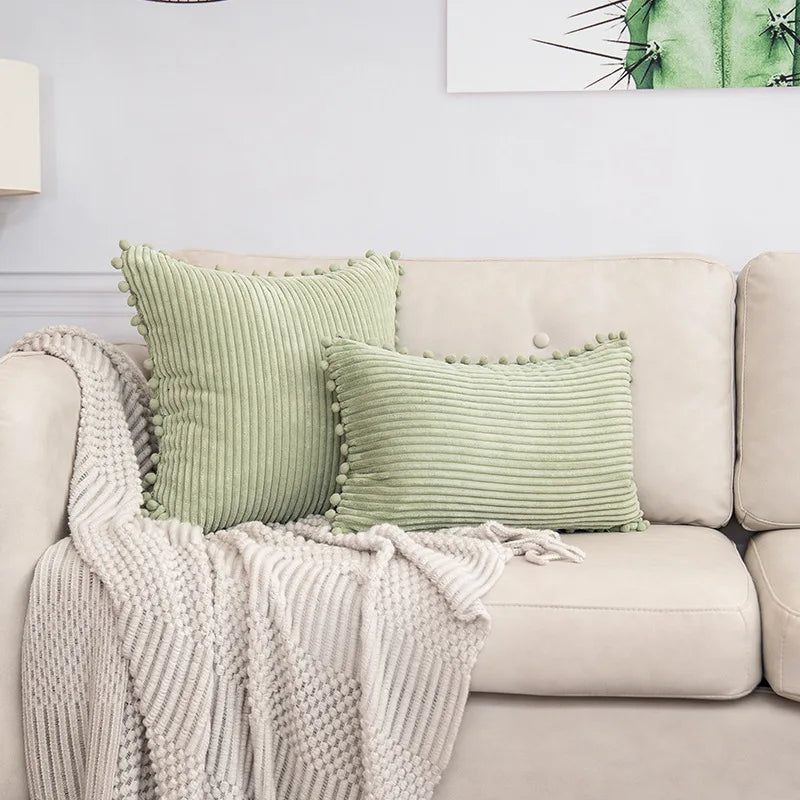 DecorBites™ Beige Striped Cushion Cover with Pom Pom Detail Lumbar Throw Pillow Case