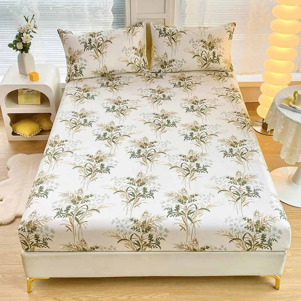 DecorBites™ Green Leaf Flower Fitted Sheet Set with 2 Pillowcases for All Seasons