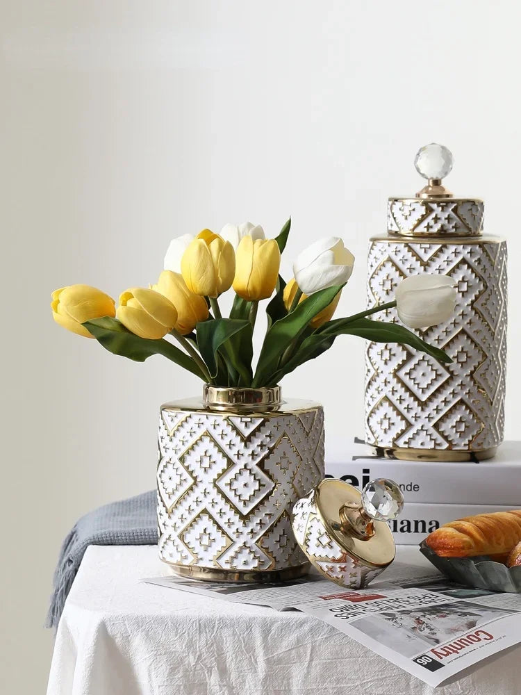 DecorBites™ Geometric Golden Relief Decorative Jar - Ceramic Crystal Vase Storage Jar