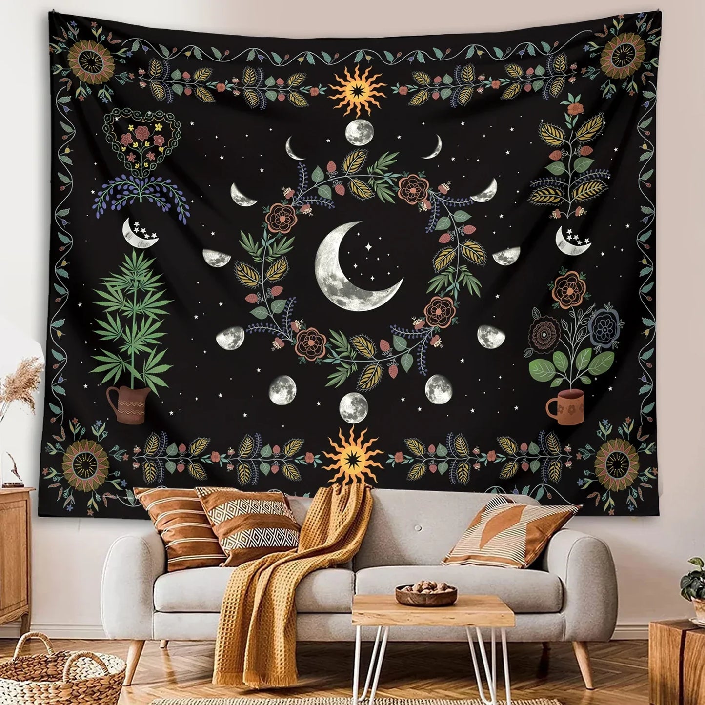 DecorBites™ Celestial Moon Phase Floral Tapestry Wall Hanging
