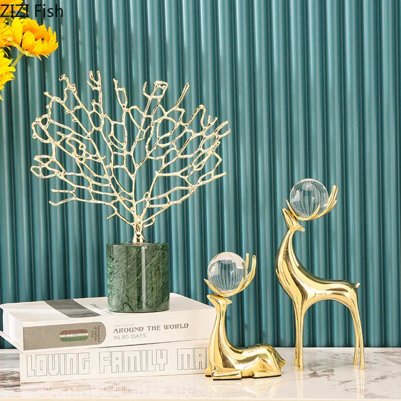 DecorBites™ Brass Deer Statue Desk Ornament - Golden Deer Sculpture for Room Decor