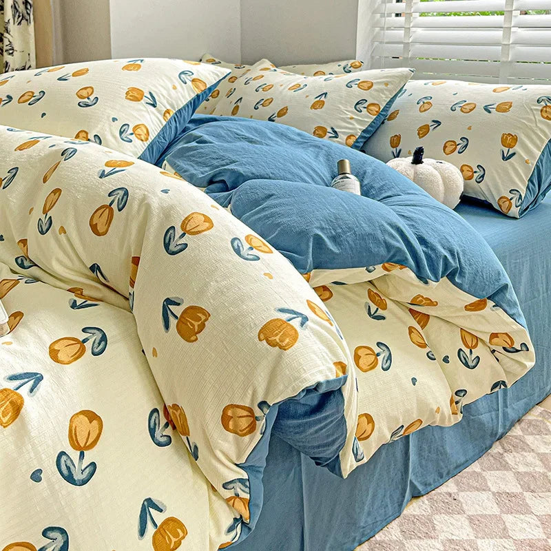DecorBites™ Cartoon Pattern Cotton Bedding Set with Double-Layer Quilt Cover & Super Soft Bedsheet