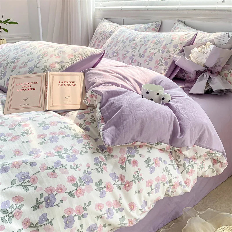 DecorBites™ Cartoon Heart Floral Print Duvet Set with Bed Sheet & Pillowcases