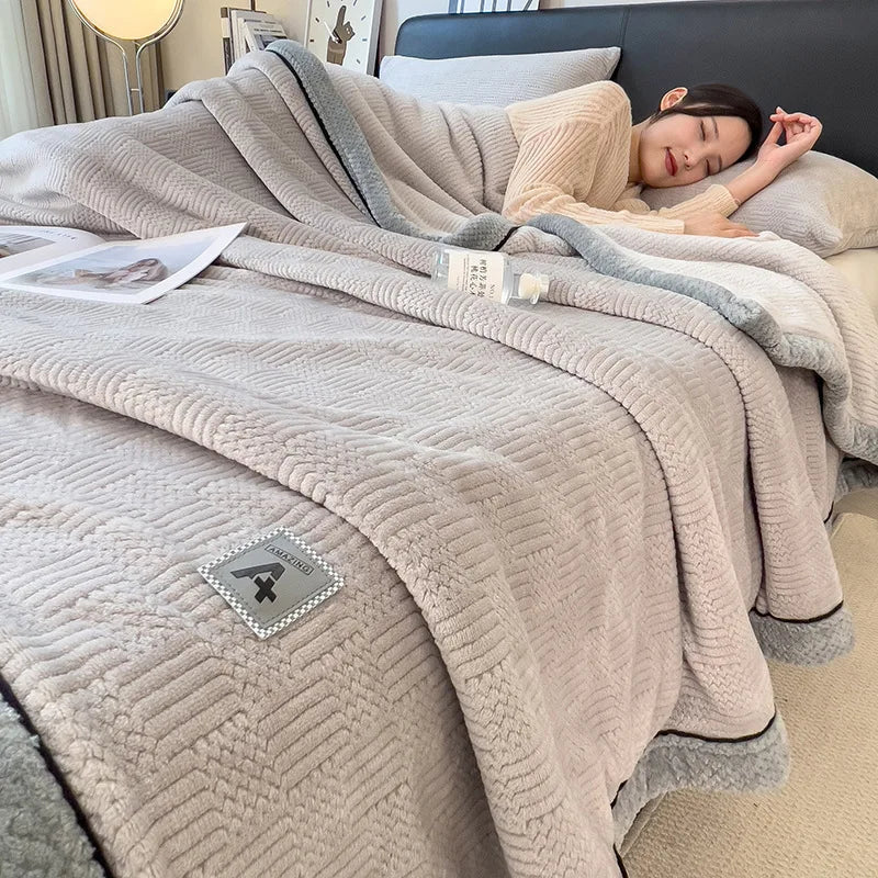 DecorBites™ Cozy Jacquard Plush Blanket - Soft Coral Fleece - All-Season - European Solid Stripes