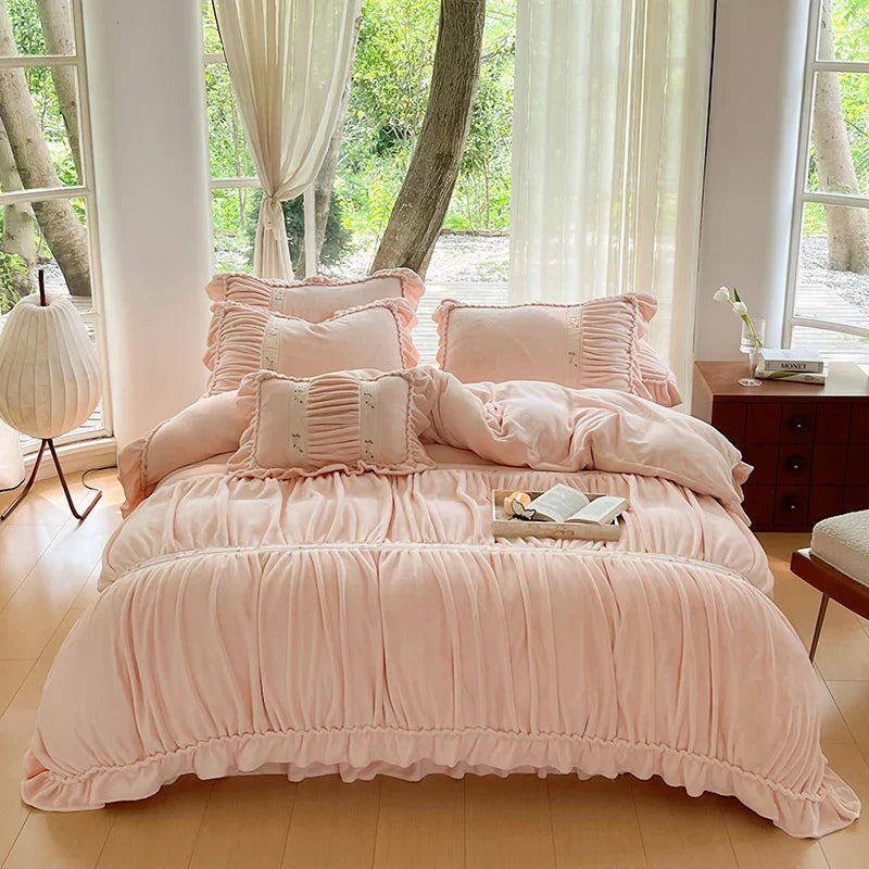 DecorBites™ French Pleat Lace Ruffles Bedding Set, Velvet Fleece Duvet Cover, Embroidered Flowers