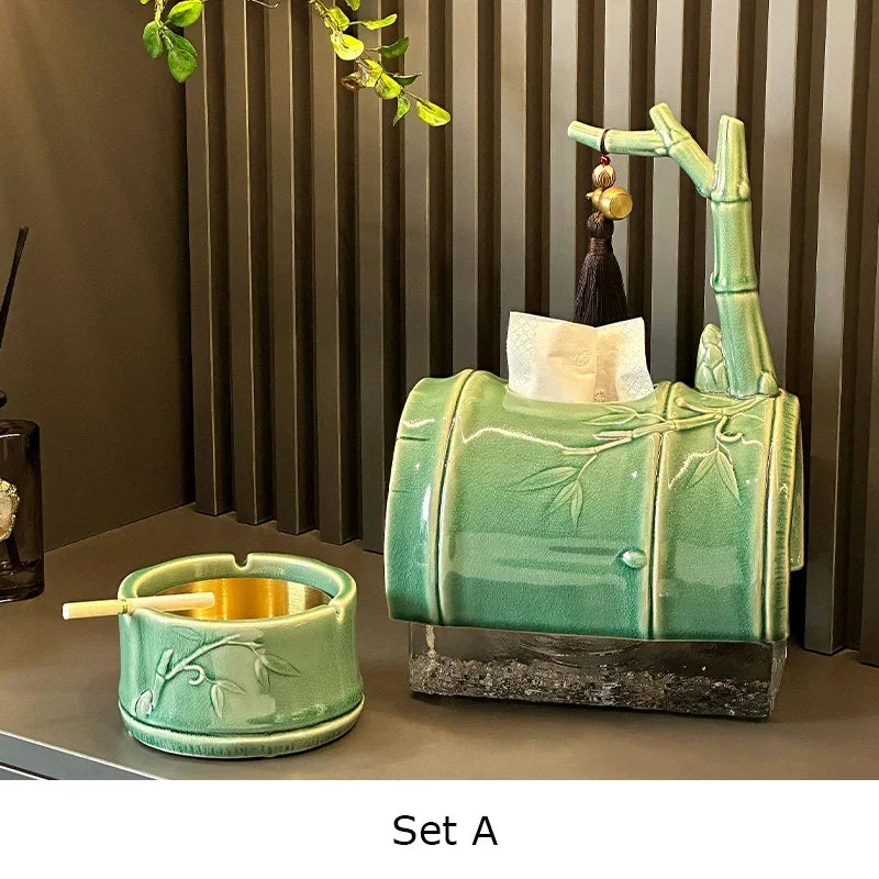 DecorBites™ Bamboo Tissue Box: Ceramic Green Bamboo Design for Coffee Table & Desk Decor
