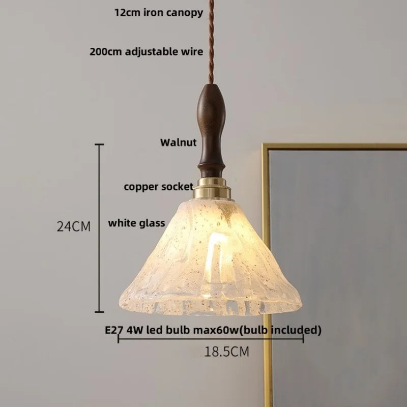 DecorBites™ LED Pendant Light: Japan Style White Glass, Copper Socket, Walnut Wood Lamp