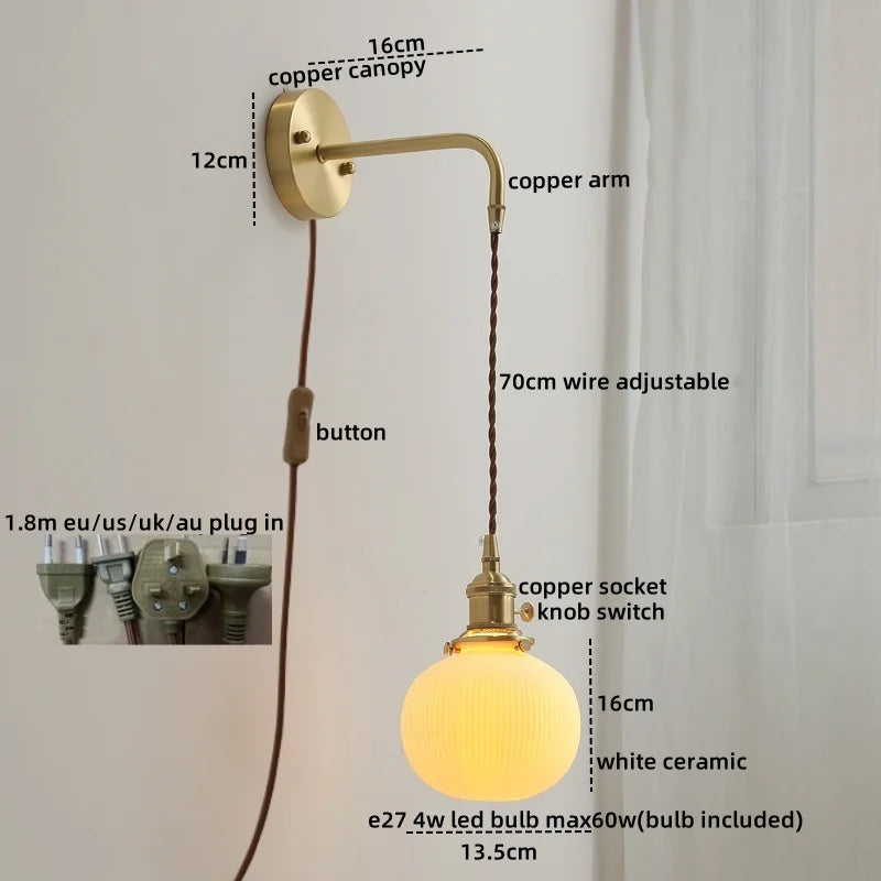 DecorBites™ Ceramic Copper LED Wall Lamp with Pull Chain Switch for Modern Style Interiors