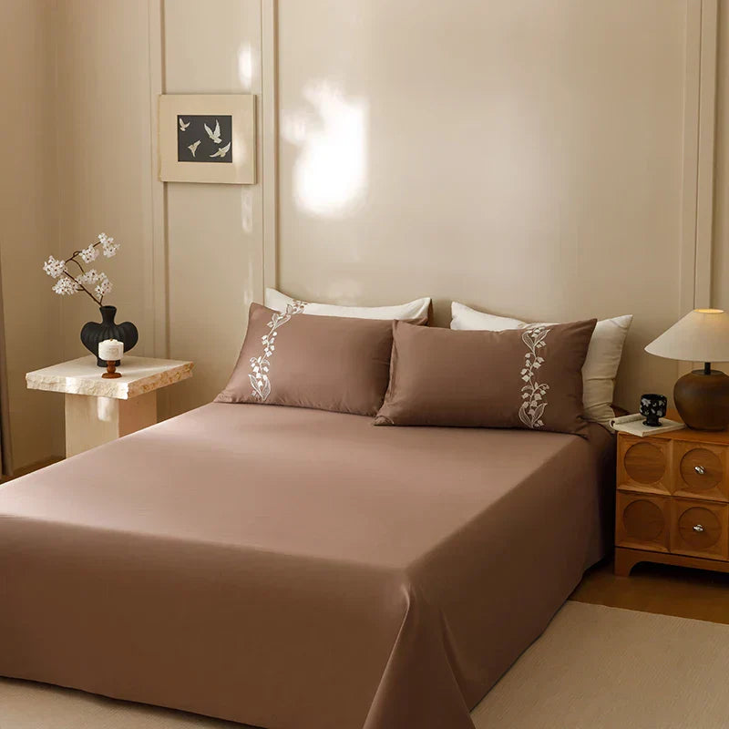 DecorBites™ Elegant Lily of the Valley Embroidery Brown Cotton Bedding Set