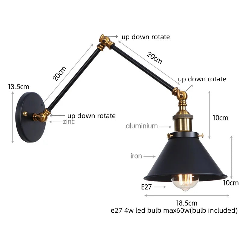 DecorBites™ Gold Long Arm LED Wall Sconce with Pull Chain Switch