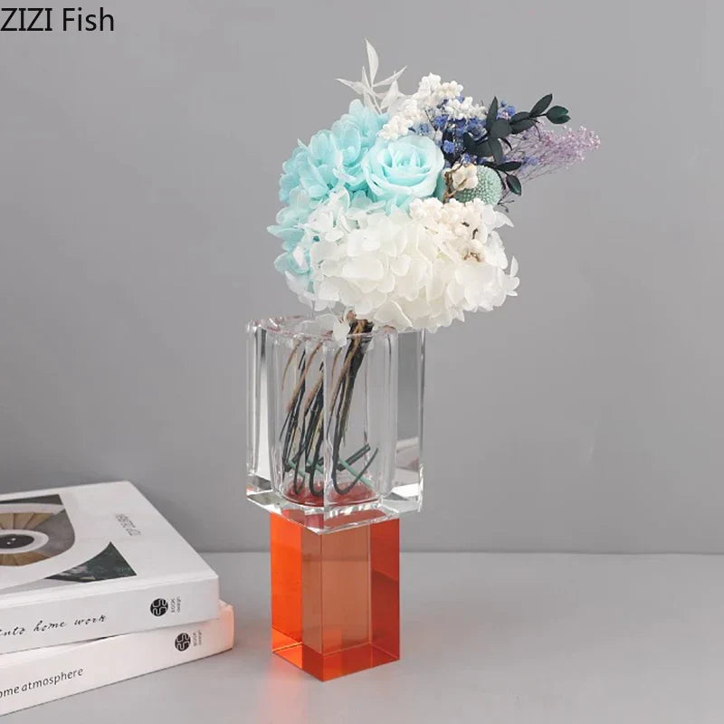 DecorBites™ Geometric Square Glass Vase Artificial Flowers Modern Floral Arrangement
