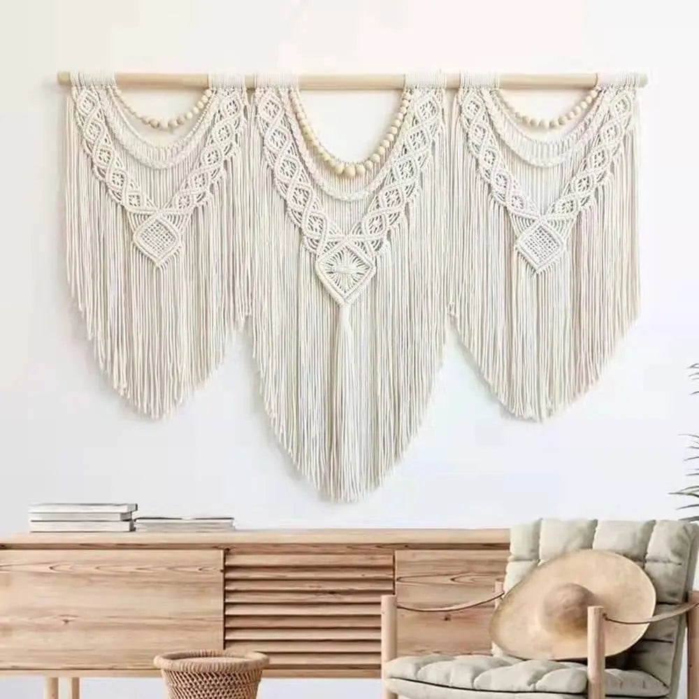 DecorBites™ Large Hand-Woven Macrame Wall Hanging Tapestry with Wooden Stick & Tassels