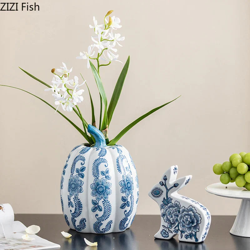 DecorBites™ Blue White Porcelain Pumpkin Vase Desk Decoration Artificial Flowers Bouquet